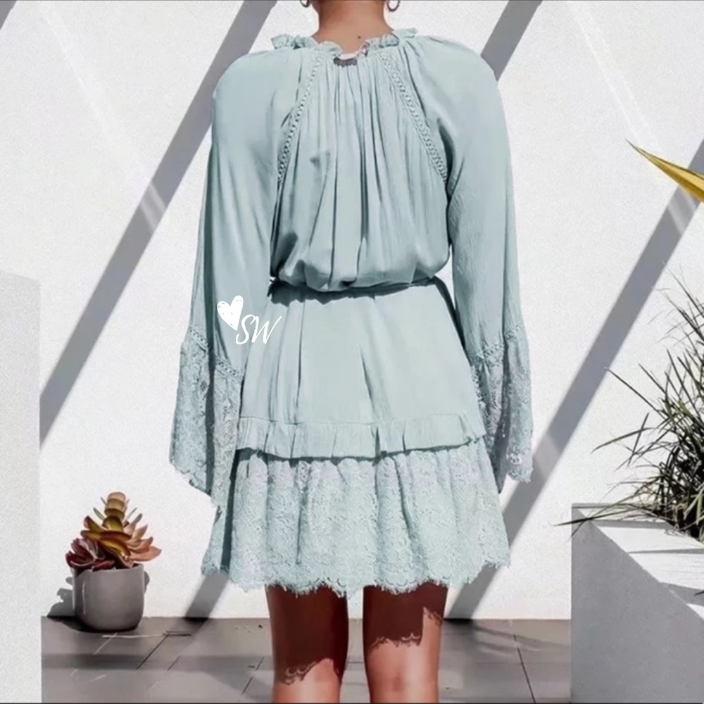 Lace Bell Sleeve Boho Gypsy Dress Mint Green-Blue - Picture 3 of 12